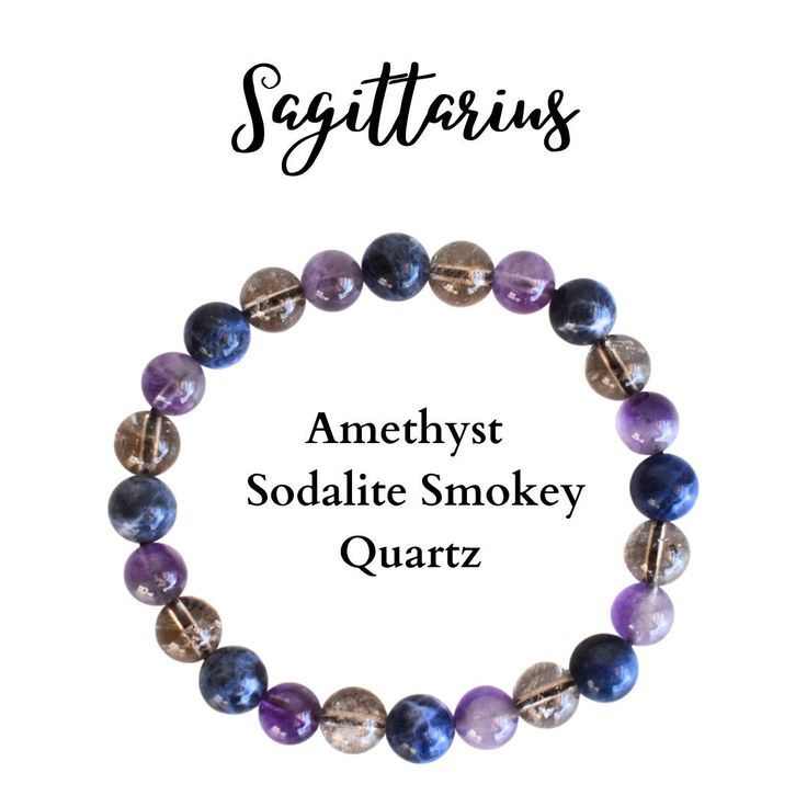 ♐ Sagittarius (Archer): November 22-December 21 🌼🌼This Sagittarius Zodiac Bracelet Set is made with natural Amethyst, Smokey, and Sodalite beads. 🌼🌼 🤍 Amethyst is known for its calming and balancing effects,  🤍 Smokey quartz is believed to provide grounding and protection, and  🤍 Sodalite - resonate well with Sagittarius energy, promoting clarity and truth-seeking tendencies. 💎Features: 📌Mix Bead Bracelet 📌 Round beads size - 8mm 📌 Wrist Size: 7-7.5 inches. 📌 Made with natural Amethy Crystals For Sagittarius, Crystals For Sagittarius Zodiac Signs, Sagittarius Crystals Stones, Sagittarius Crystal Bracelet, Sagittarius Birthstone, Sagittarius Gifts, Healing Crystals For You, Balance Bracelet, Zodiac Bracelet