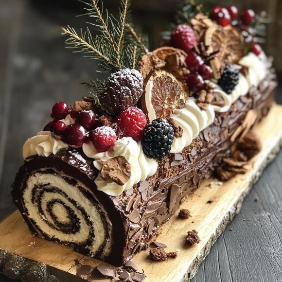 a piece of chocolate cake on a wooden board with berries, nuts and cranberries