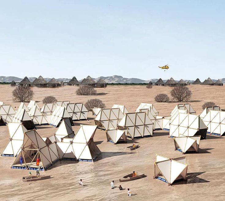 an artist's rendering of several tents in the desert