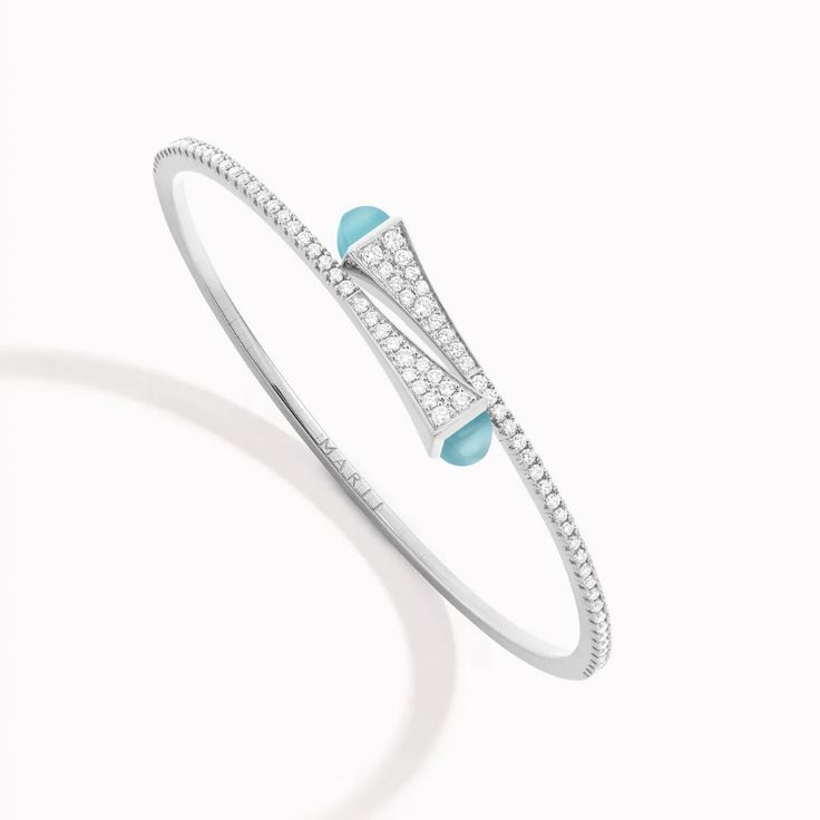 $4,300 Bracelet White Gold, White Gold Bracelet, White Turquoise, Hinged Bracelet, Blue Chalcedony, Bracelet Crafts, Ring Size Guide, Precious Gemstones, White Rose