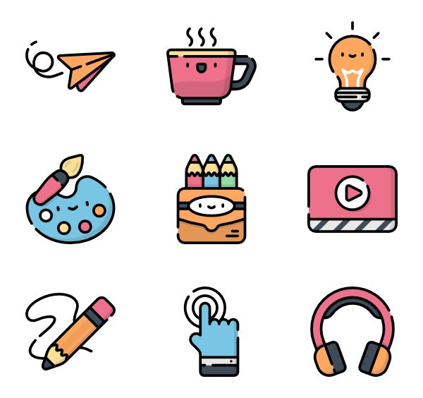 the icons are drawn in different colors and styles, including pencils, markers, headphones