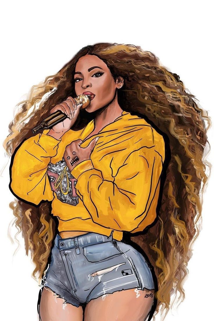 a drawing of a woman with long hair wearing shorts and a yellow shirt, holding a microphone