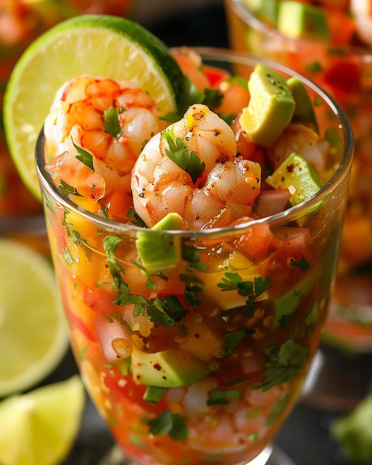 shrimp salad in a glass with lime wedges and cilantro on the side