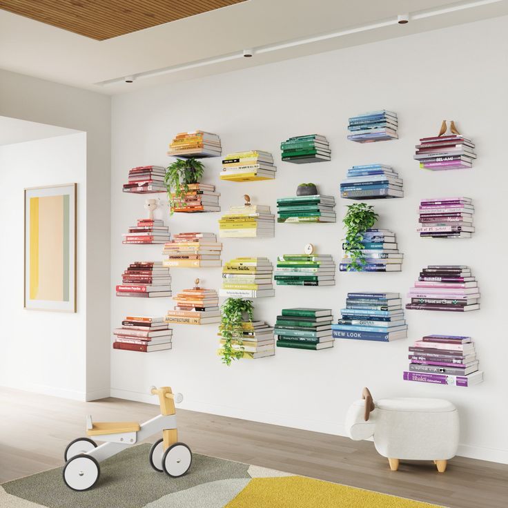 there is a wall with books on it and a toy car in the foreground