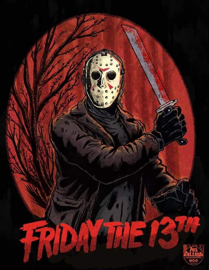 friday the 13th poster with a person holding a knife