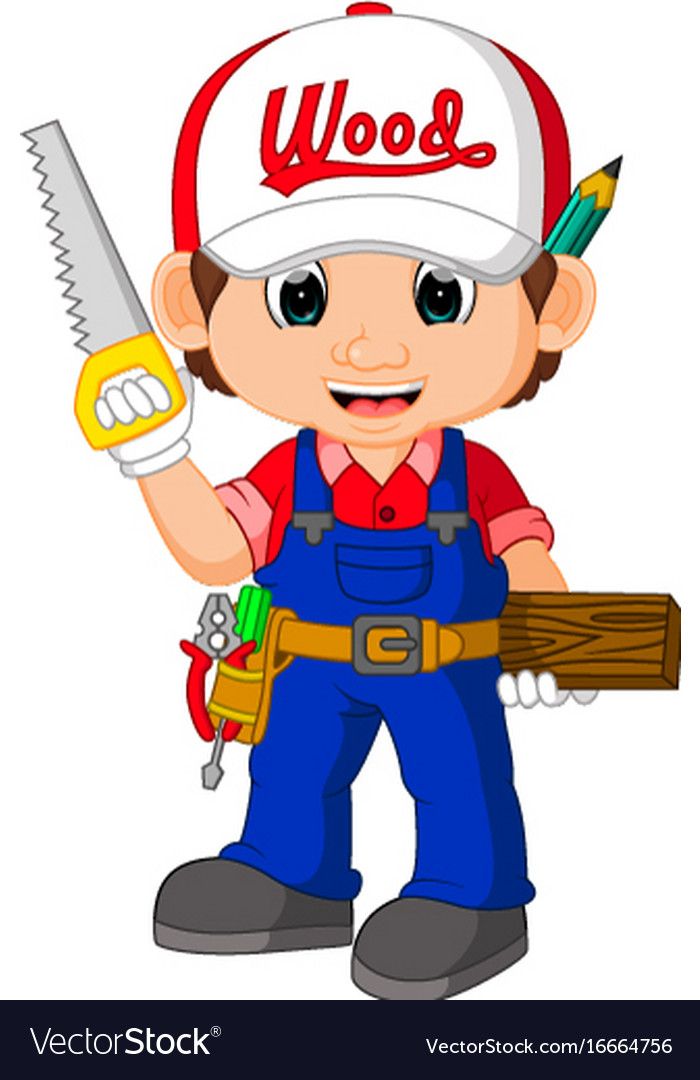 a cartoon boy holding a saw and tool with the word wool on his hat