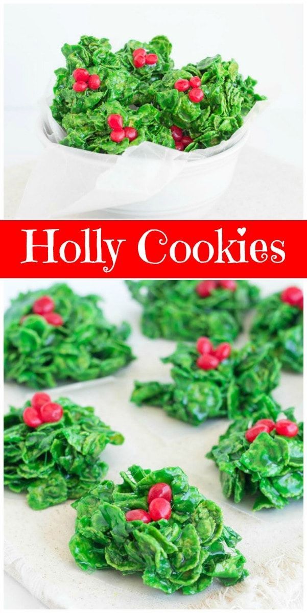 christmas cookies made with spinach and holly wreaths are ready to be eaten on the table