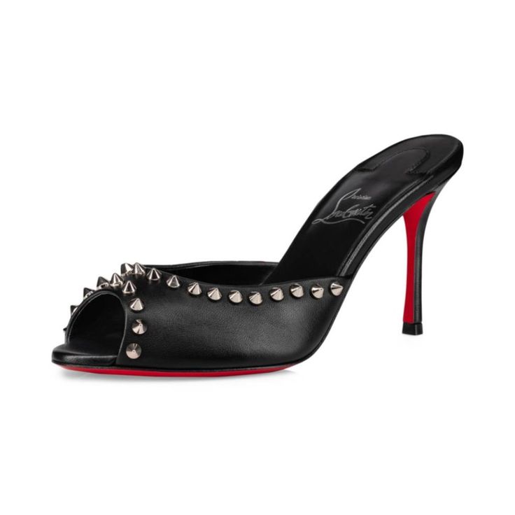 Christian Louboutin Me Dolly Spike 85 Mule Sandals In Nappa Leather With Silvertone Spike Embellishments 3.25 In / 85 Mm Stiletto Heel Open Toe Slide Style Signature Louboutin Red Leather Outsole Made In Italy Designer Color: Black. Size: 36 Eu (Insole Measures 9 1/8", Heel: 3.25") Typically Cl Shoes Run Small. Brand New In The Original Louboutin Box With Louboutin Signature Dust Bag. Calf Leather Sandals With 4-inch Heel For Party, Luxury Pointed Toe Mules For Night Out, Luxury Mules With 4-inch Almond Toe, Luxury High Heel Calf Leather Mules, Luxury High Heel Mules With Padded Heel, Luxury Closed Toe Mules With 4-inch Heel, Party Mules With Almond Toe And Reinforced Heel, Evening Mules With Reinforced Heel And Almond Toe, Luxury 4-inch Heel Closed Toe Mules