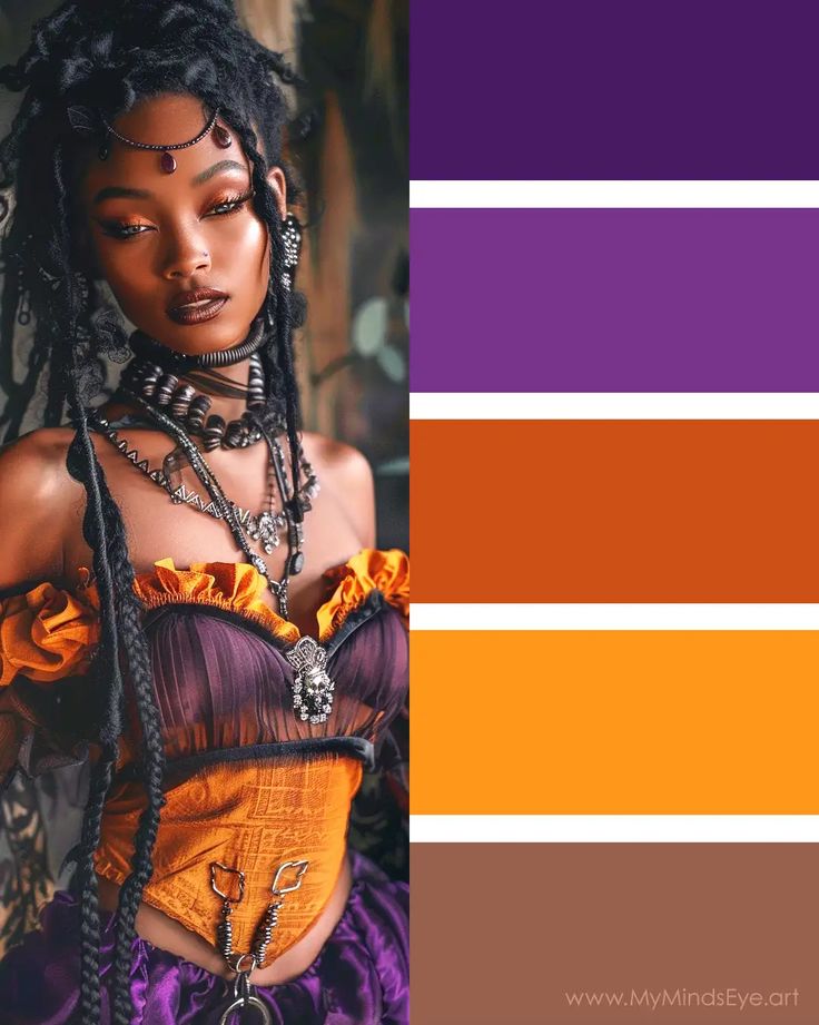 a woman with dreadlocks wearing an orange top and purple skirt is standing in front of a color palette