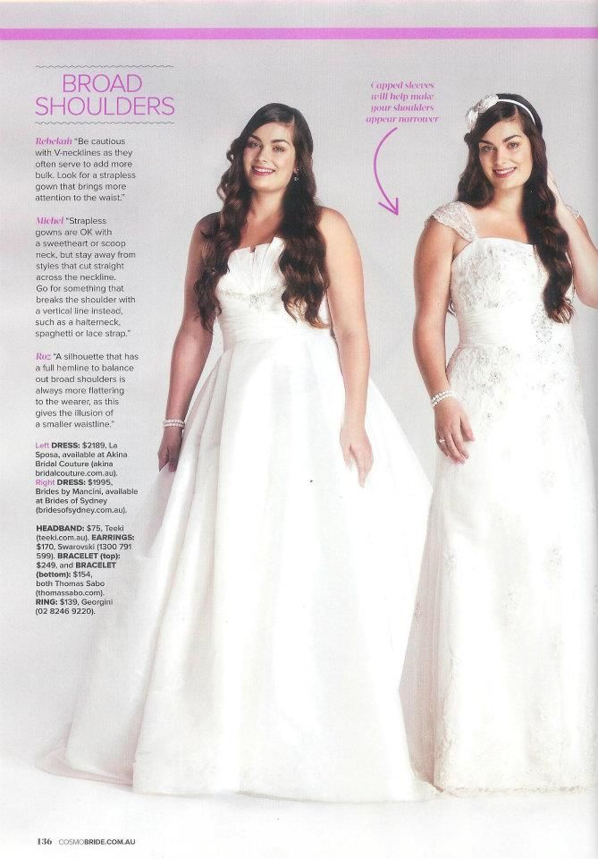 two women in wedding gowns standing next to each other on a magazine page,