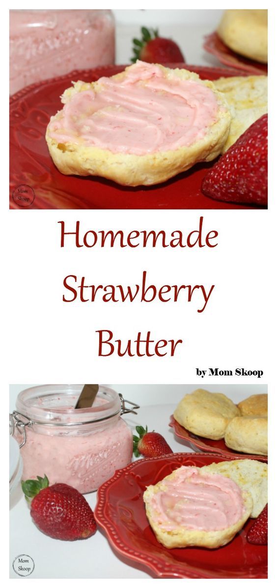 homemade strawberry butter on a red plate with strawberries and cookies in the foreground