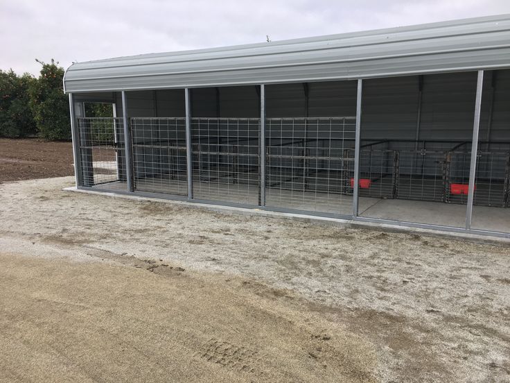 several cages are in the middle of an empty area with dirt on the ground and grass growing all around them