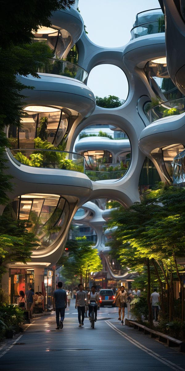 people are walking down the street in front of futuristic buildings with trees growing on them