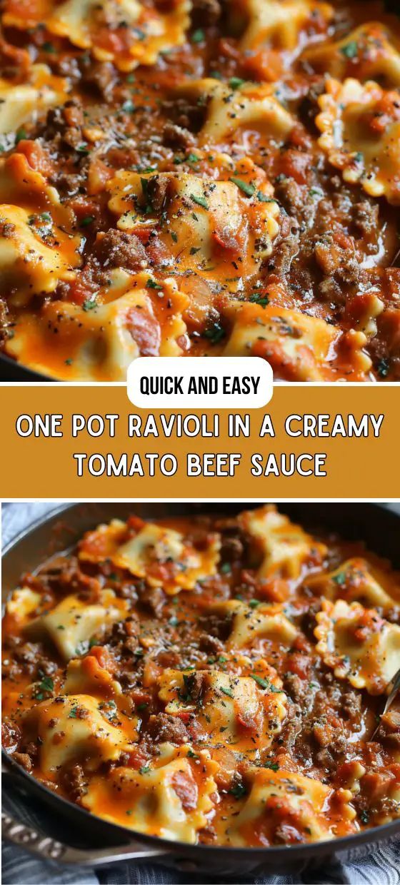 one pot ravioli in a creamy tomato beef sauce is an easy and delicious dinner