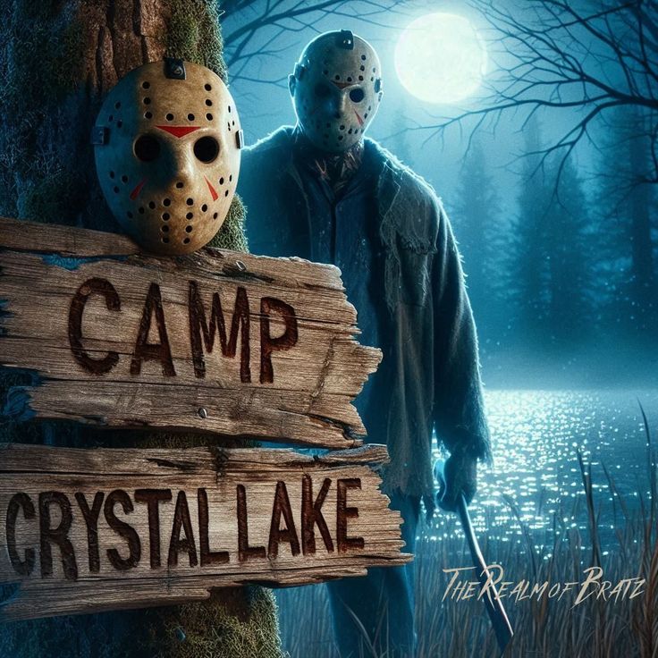 a man standing next to a sign that says camp crystal lake