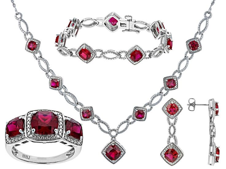 18.39ctw Square Cushion Lab Ruby And 0.02ctw Round White Diamond Rhodium Over Brass Necklace, Bracelet, Ring And Earring Jewelry Set. Necklace Measures Approximately 18"L x 0.99"W With Lobster Clasp Closure. Bracelet Measures Approximately 7.25" x 0.42"W With Hidden Box Clasp Closure And Safety Lock. Ring Measures Approximately 0.89"L x 0.44"W. Not Sizeable. Dangle Earrings Measure Approximately 1.25"L x 0.43"W With Pushbackings. Valentine's Day Cubic Zirconia Gemstone Jewelry, Luxury Ruby Jewelry With Pave Setting, Classic Cubic Zirconia Jewelry For Valentine's Day, Diamond White Jewelry For Valentine's Day, Round Cut Jewelry For Valentine's Day Formal, Round Cut Jewelry For Valentine's Day Formal Occasions, Diamond White Jewelry For Valentine's Day Formal Occasion, Fine Jewelry With Pave Setting, Anniversary Diamond Gemstone Jewelry Sets