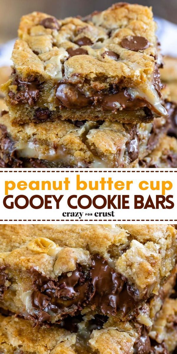 peanut butter cup gooey cookie bars stacked on top of each other