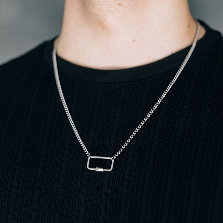 Silver Rectangle Carabiner Pendant Necklace For Men or Women - Necklace - Boutique Wear RENN Everyday Jewelry With Rectangular Pendant Box Chain, Modern Metal Jewelry For Everyday Use, Minimalist Rectangular Jewelry For Everyday Use, Modern Everyday Metal Jewelry, Rectangular Silver Necklaces For Everyday Use, Silver Rectangular Necklace For Everyday, Minimalist Rectangular Necklace For Everyday Use, Minimalist Rectangular Everyday Jewelry, Modern Jewelry With Secure Clasp For Gifts