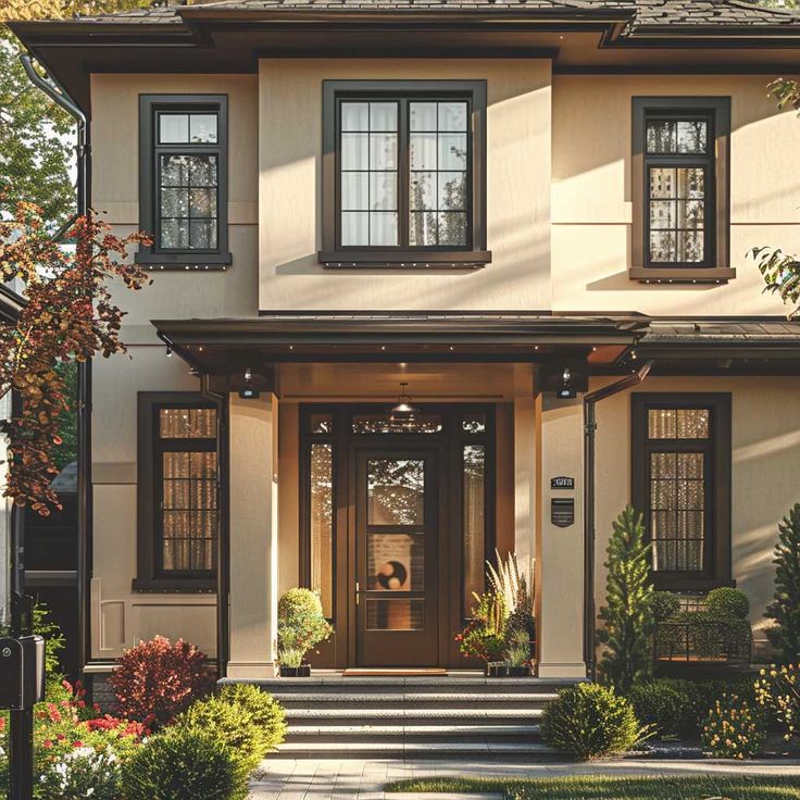 a white house with brown trim and black windows on the front door is surrounded by greenery