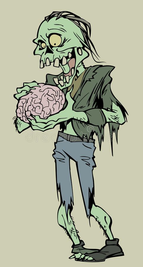 a cartoon zombie holding a brain in his hands