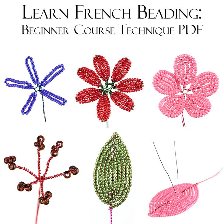 four different types of beaded flowers on a white background with the words learn french beading beginner course technique pdf