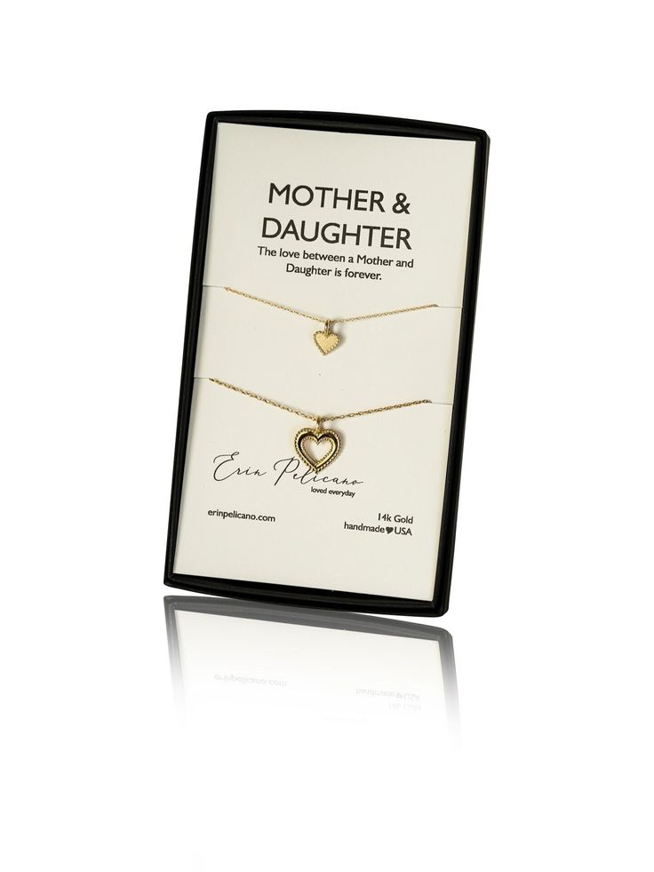 ~~ 14k Gold Hearts Mother Daughter Necklaces ~~ Fine jewelry created because every woman has a story. Each piece of the fine collection has been designed and created as an heirloom, with fine feminine details, to wear and cherish. Your necklace will be your favorite to wear everyday. An heirloom to treasure - elegant, eternal, and all around spectacular! Order your set with necklaces to share. Made entirely in the USA. Necklaces arrive in a gift box, with Mother Daughter card. Note any special c 14k Stamped Jewelry For Valentine's Day Gift, Mother's Day 14k Stamped Charm Necklace For Anniversary, Rose Gold Necklace With Gift Box For Mother's Day, Gold Plated Jewelry For Valentine's Day Anniversary, Valentine's Day Anniversary Gift Gold Plated Jewelry, 14k Gold Charm Necklace For Mom, Gold Plated Jewelry Gift For Mother's Day, 14k Gold Charm Necklaces For Wedding And Mother's Day, Elegant Necklace For Anniversary Gift With Gift Box