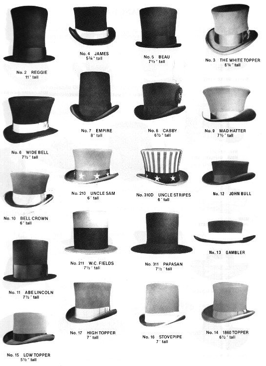 Types of top hats Steampunk Ideas, Steampunk Top Hat, Beaded Hat, Pork Pie, Head Dress, Top Hats, Cooler Look, Love Hat, Historical Clothing