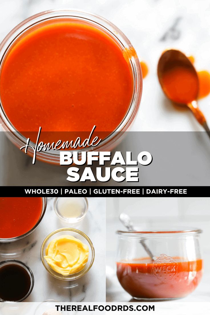 homemade buffalo sauce in glass bowls with spoons and ingredients to make buffalo style hot sauce