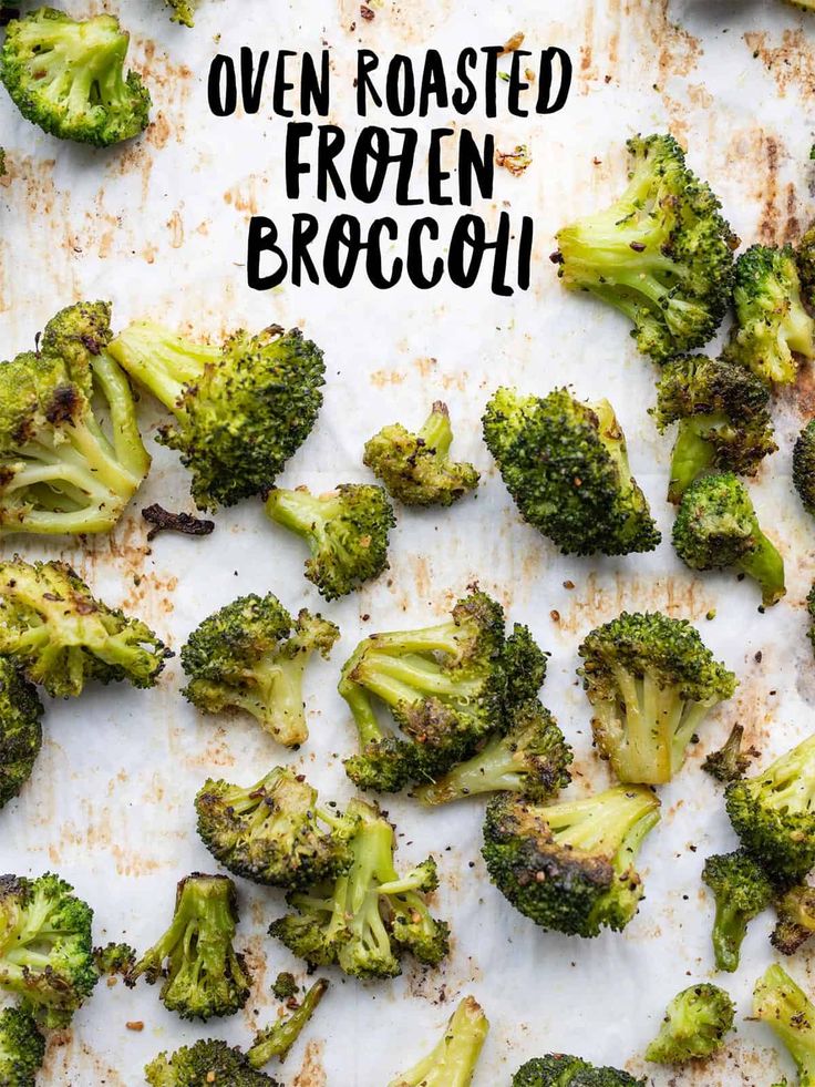 roasted frozen broccoli florets on a baking sheet with text overlay