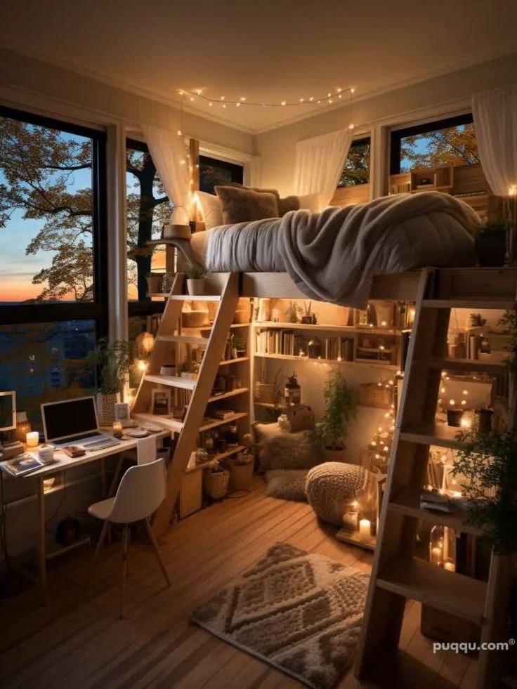 a bedroom with a loft bed, desk and computer on the floor next to a window