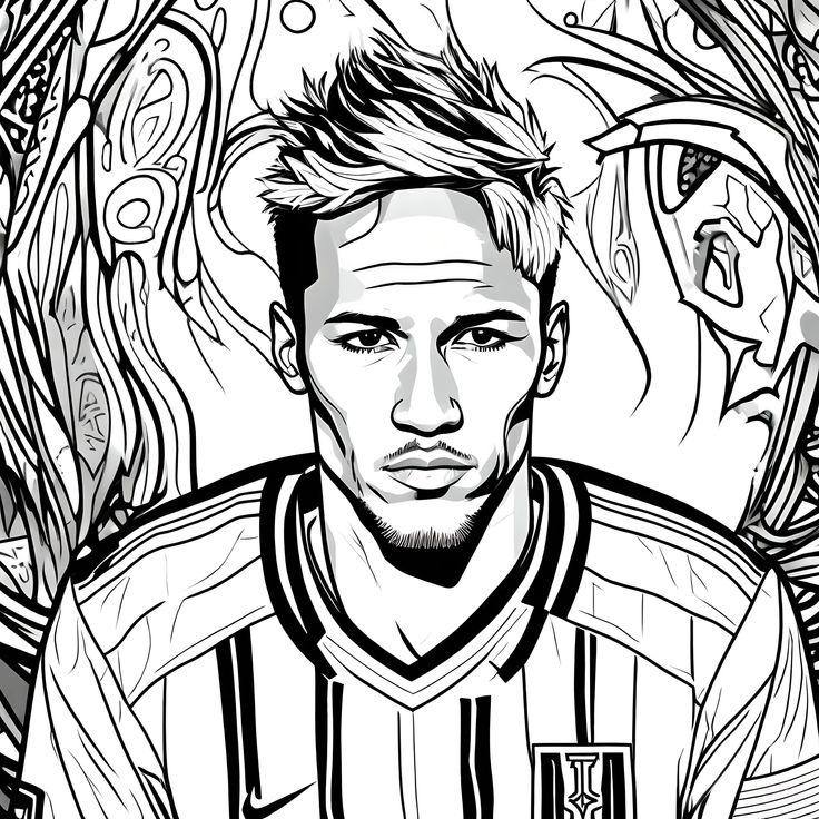 a black and white drawing of a soccer player with his head turned to the side