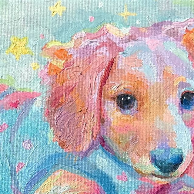 a pastel painting of a dog with stars on it's head and chest