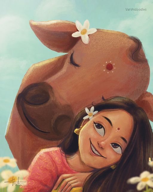 a painting of a girl hugging a cow with daisies in her hair and smiling