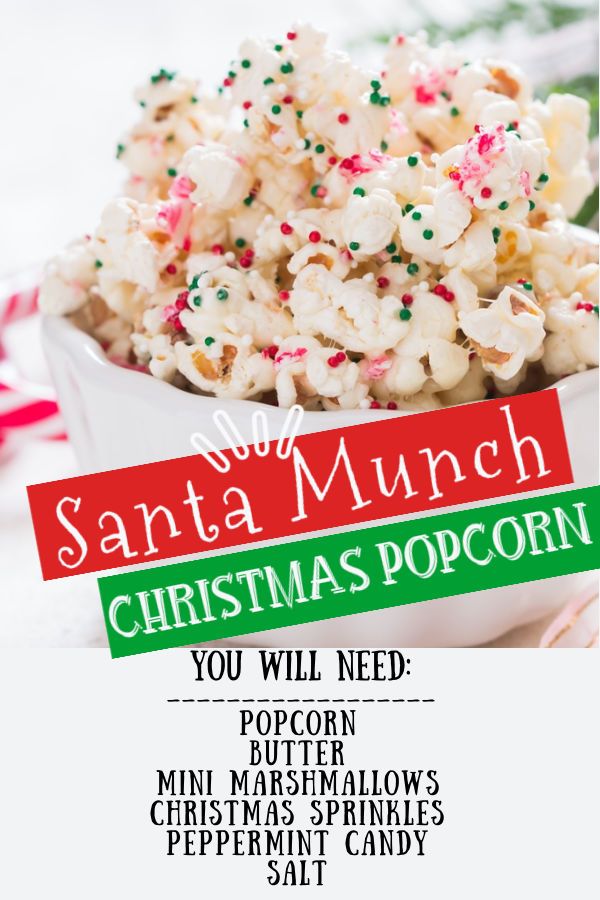 santa munch christmas popcorn recipe in a bowl with candy canes and sprinkles