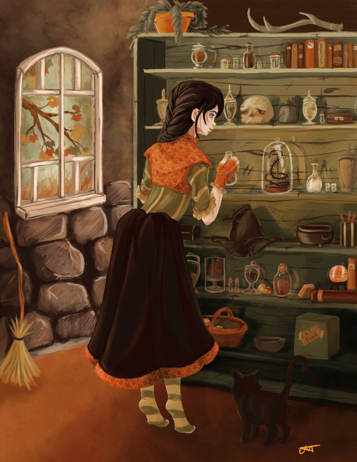 a painting of a woman standing in front of an old fashioned kitchen with a cat nearby