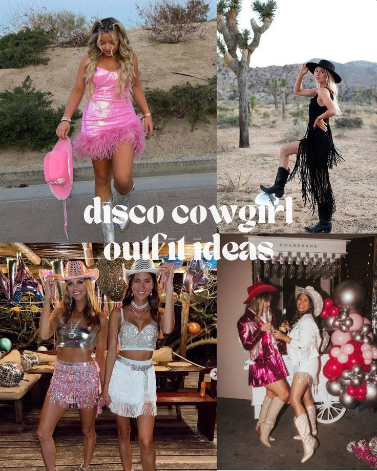 the collage shows several different women dressed in disco costumes and accessories, including balloons