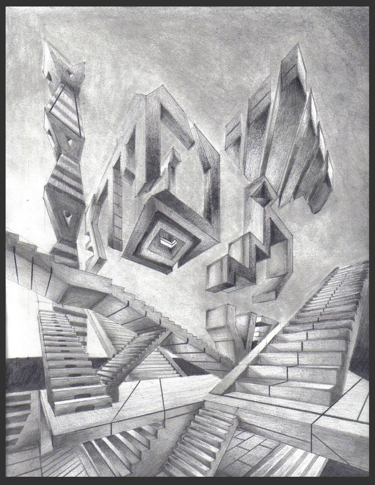 a pencil drawing of some stairs and buildings