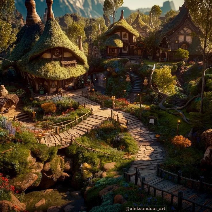 an image of a fantasy village with lots of trees and flowers in the foreground