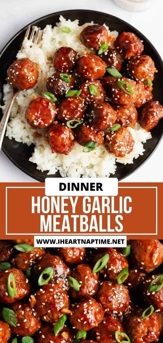 a plate full of meatballs and rice with the words dinner honey garlic meatballs