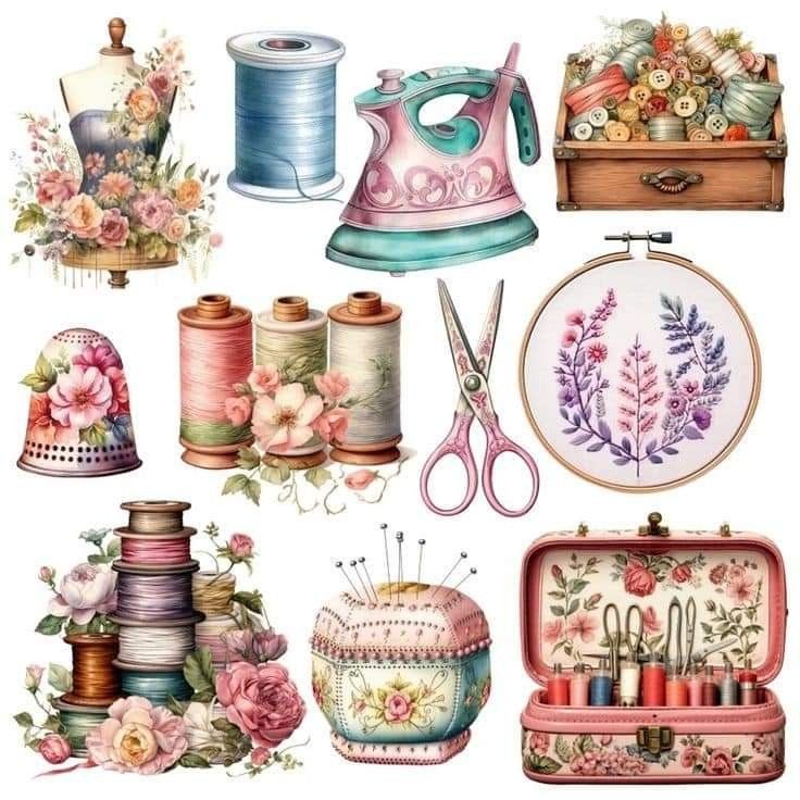 an assortment of sewing related items including thread, spools and needle holders with flowers on them