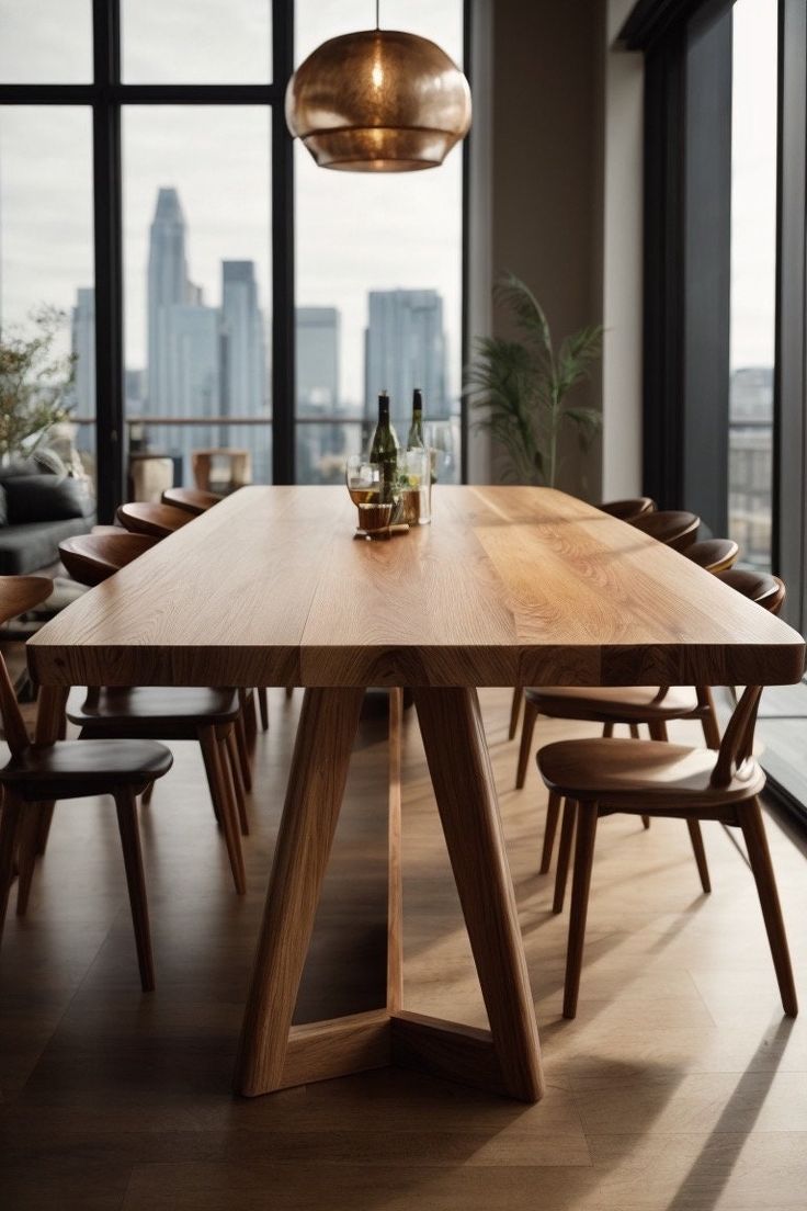 a wooden table with chairs around it in front of large windows