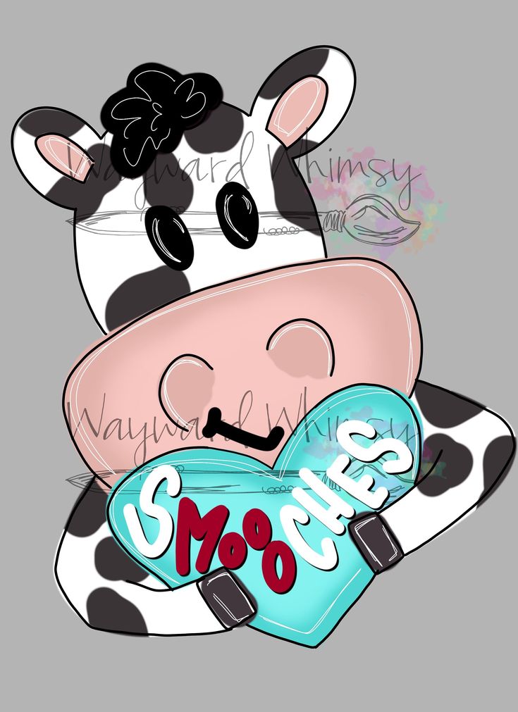 a cartoon cow holding a blue heart with the word sale on it's chest