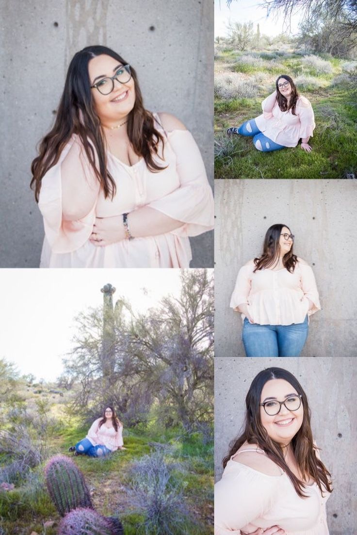 a woman sitting on the ground with her arms crossed and wearing glasses, posing for pictures