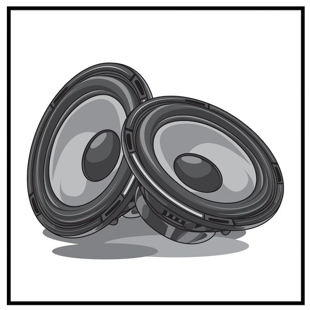 two speakers sitting on top of each other in front of a white background with black frame