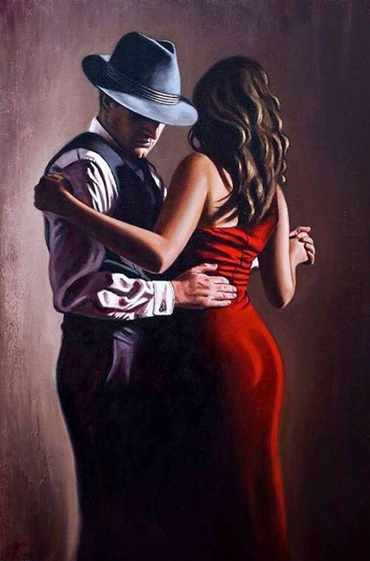 a painting of a man and woman in red dress hugging each other while wearing hats