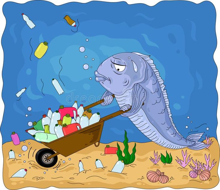 a cartoon fish pulling a wheelbarrow filled with plastic bottles and other items in the ocean