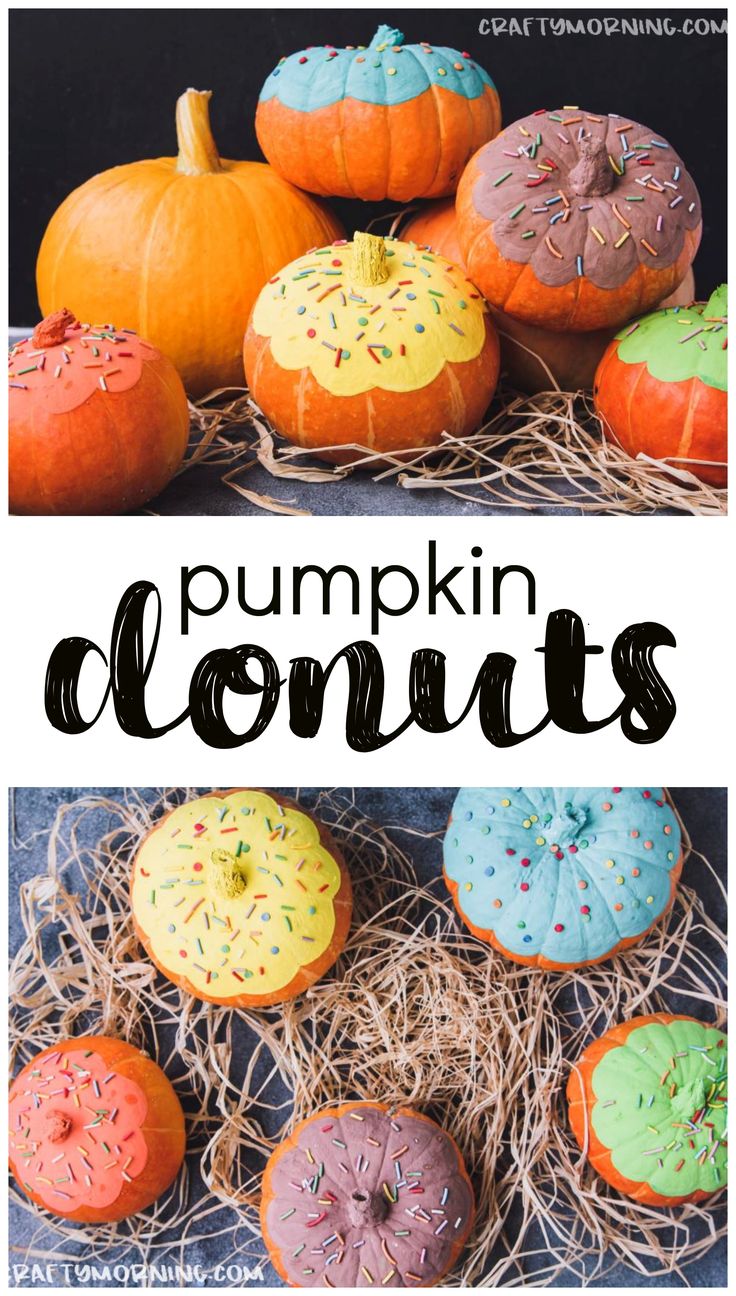 pumpkin donuts with sprinkles on them and the words pumpkin donuts