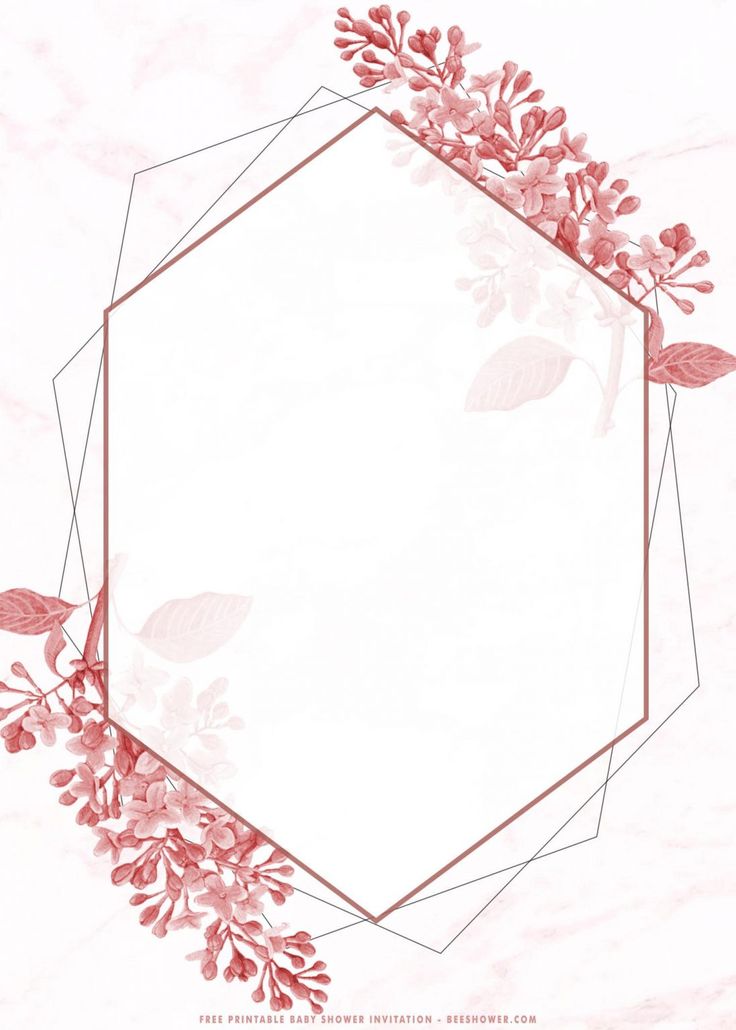 a pink and white floral background with a hexagonal frame in the middle, surrounded by leaves