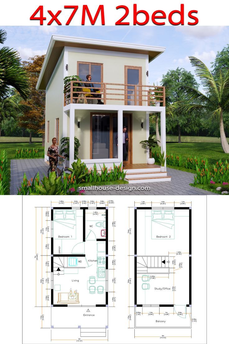 4x7 Meters Small House Plan 13x23 Feet with 2 Beds Shed Roof Mediterranean Small House, Modern Shed, Minimal House, Little House Plans, Porch House Plans, Building House Plans Designs, House Plan Gallery, Small House Plan, Small House Design Plans