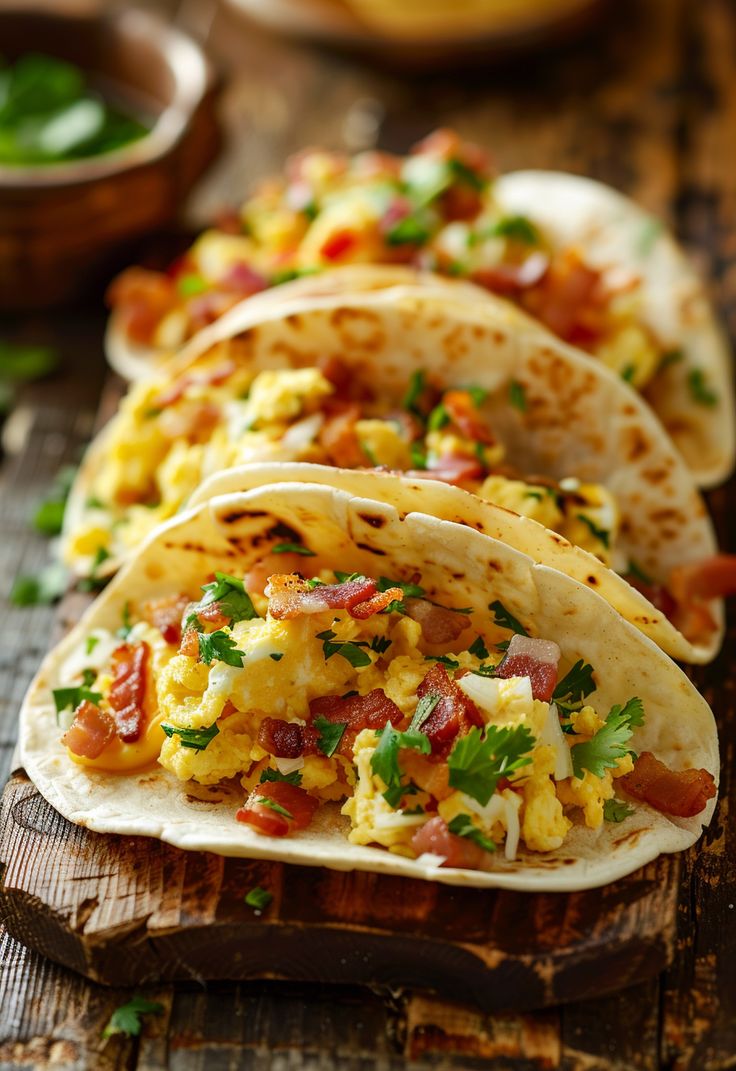 breakfast tacos are lined up on a wooden board, ready to be eaten and served